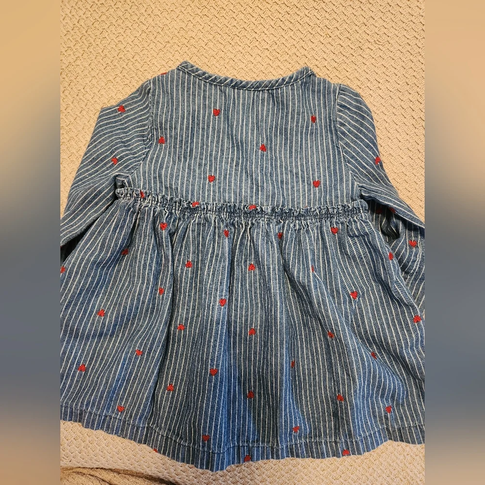 Denim Blue White Striped Red Embroidered Heart Dress Long Sleeves, Gap 18-24 Mos